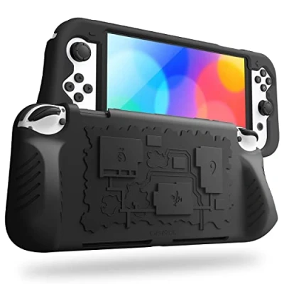 Bild av Fintie Skal kompatibelt med Nintendo Switch (OLED modell) 2021 av mjuk silikon, halkfritt stötsäkert skyddsfodral 3 spelkorthållare, ergonomiskt greppdesign, handtag, skydd, svart