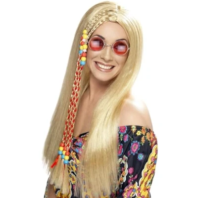 Bild av Smiffys hippy festperuk, blond lång med färgade pärlor, 1960 tals häftig maskeradklänning, utklädningsperuker för vuxna
