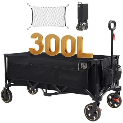 Bild av TIMBER RIDGE XXXL rullvagn, vikbar 300 l, 160 kg, lastbar med nät som fallskydd, transportvagn broms, sidoficka, mugghållare, justerbart handtag, trädgårdsvagn, strandvagn för alla terränger