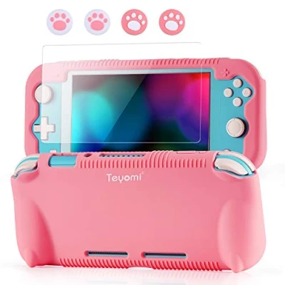 Bild av Fodral kompatibelt med Nintendo Switch Lite with Tempered Glass Screen Protector, 4 x Thumb Grip and 2 Game Cartridges, Silicone Protective Cover Standable, Shock Absorption Anti Scratch