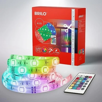 Bild av BRILONER 4 m LED remsa RGB, USB remsa, dekorativ ljusslinga, list, band, färgglatt ljus och effekter, förkortbar, dimbar, fjärrkontroll, vit