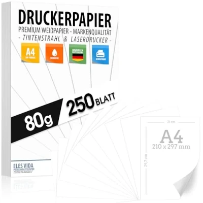 Bild av 250 BLATT skrivarpapper A4 80 g vitt premiumpapper rent DIN 21 x 29,7 cm kopieringspapper, laserskrivare och bläckstråle för universitet, fotografi, presentationer, hantverk perfekt