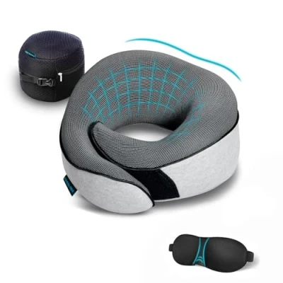 Bild av Proglobe Resekudde set med 100% Pure Memory Foam, Nackkudde för sömn, bil och flygresor, Rese kit 3D konturerad ögonmask, öronproppar lyxig meshväska (grå)