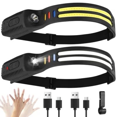Bild av Pannlampa LED uppladdningsbar 2 stycken, 2000 lumen, jätteljus vitt ljus intelligent sensor, 9 ljuslägen 4 färger IPX4 vattentät 0,09 kg lätta pannlampor för löpning, camping, fiske