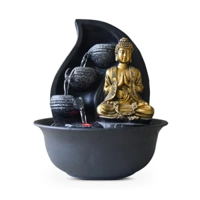 Bild av Buddha Praya fontän avtagbar för inomhusbruk exotisk zen dekoration gåvor bordsfontän LED ljus stängd krets brun och guld H 26 cm Zen&#039;Light