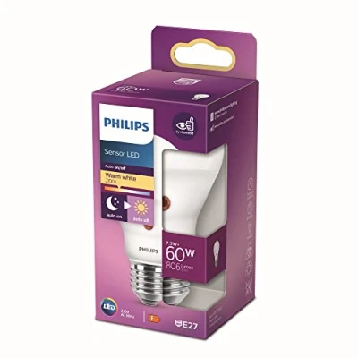 Bild av Philips Classic Dusk to Dawn (dagsljussensor): LED ljuskälla, 60W, E27, A60, Frostat glas, varmvitt ljus, 2700 kelvin, 15 000 timmar, Ej dimbar