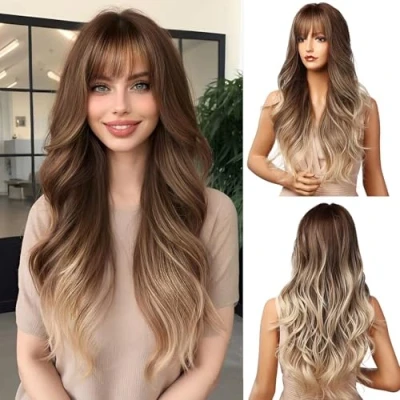 Bild av Esmee Ombre Brun till Blond peruker 24 tum lång syntetisk peruk med hög densitet naturlig headline värme permanent hår för kvinnor