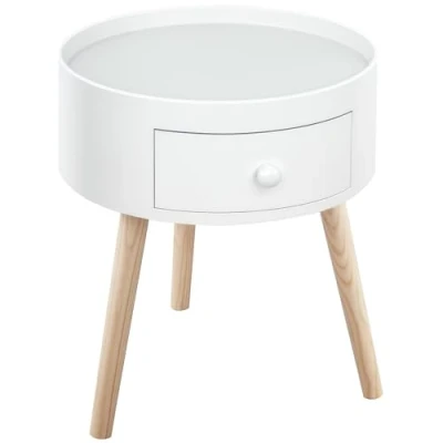 Bild av HOMCOM Soffbord sängbord runt nattduksbord skandinavisk design sidobord sofftå med låda lutande avsmalnande ben massivt trä ek ljus vit