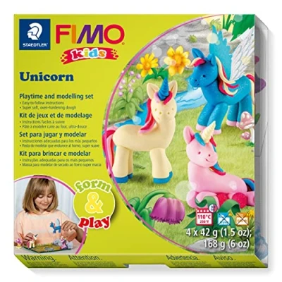 Bild av STAEDTLER 8034 19 LZ03 FIMO barn form och lektid modellering polymer lera set &quot;enhörning&quot; (paket med 4 block, klistermärken, modelleringsverktyg bakgrundsscen)