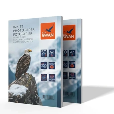 Bild av Blue SWAN A4 Fotopapper, Extra Tjockt, 200 g/m², 100 Ark, Högblank Vit, Snabbtorkande, Reptåligt, Lämpligt för Bläckstråleskrivare