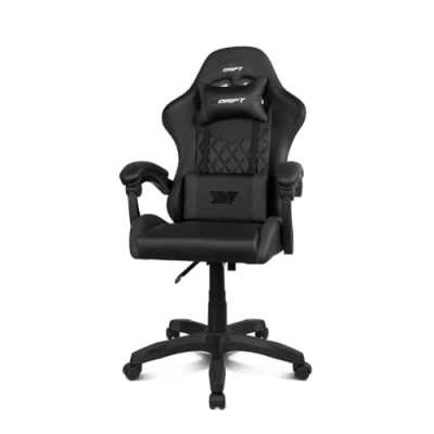 Bild av DRIFT GAMING DR35 Professionell stol, konstläder, vadderade armstöd, klass 3 kolv, förstärkt nylonbas, lutande sits, justerbar höjd, ländrygg/halskudde, svart