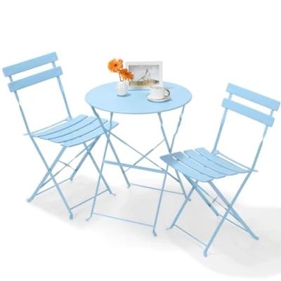 Bild av balkongmöbler set 3 delar, balkongset 2 fällstol 1 fällbord, bistro trädgårdsmöbelset, metall, fällbart sittset trädgård, för balkong, terrass och blå