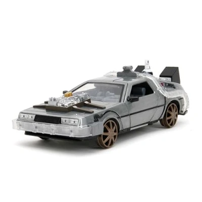 Bild av Jada Toys Time Machine Back to The Future 3, modellbil av metall, 1:24, dörrar att öppna, LED ljus, version med bruna fälgar, 20 cm, silver