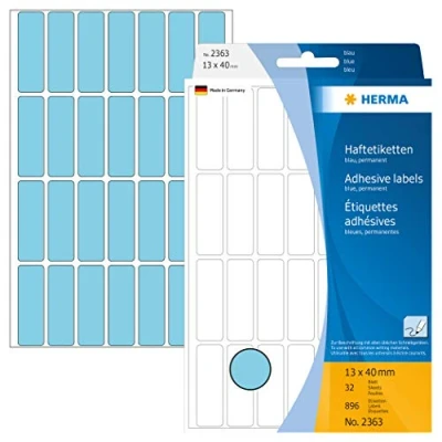 Bild av HERMA 2363 multifunktionsetiketter mini (13 x 40 mm, 32 ark, papper, matt) självhäftande, permanenta hushållsetiketter för handskriven märkning, 896 klistermärken, blå