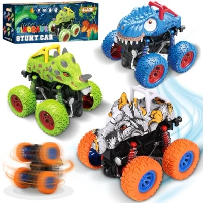 Bild av POWZOO Monstertruck, 3 stycken dinosaurier 360 graders roterande tröghet, fordon, billeksak, friktion, dra tillbaka leksaksbilar, monster lastbilar. för 3+ år barn.
