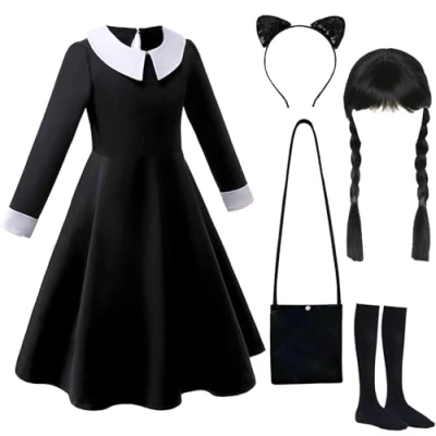 Bild av Gxlaihly onsdag, kostym, klänning för barn, gotisk prinsessa, svart klänning, halloween, karneval, familj, cosplay dräkt, (Black 2, 130 (78 år))