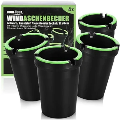 Bild av COM FOUR® 4x askkoppar för utomhusbruk vindaskkar stormnätkoppar med lysande lock bilkar, Ø 8 cm (04 stycken svart)