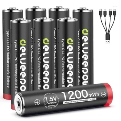 Bild av Delyeepow USB C AAA batterier litiumuppladdningsbara, 1,5 V 1 200 mWh uppladdningsbara med 4 i laddningskabel, timmars snabbladdning, 500 cykel, 8 stycken