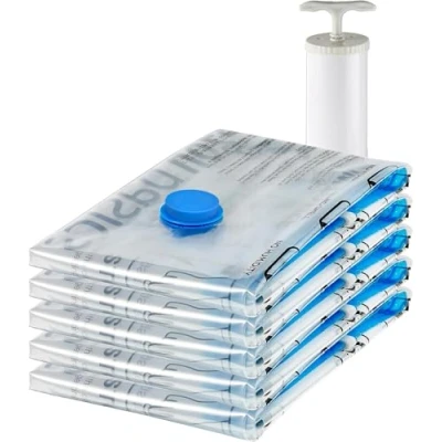 Bild av Amazon basics vakuumpåse för kläder med lufttät ventil och handpump stor, 5 pack, dragkedja, transparent