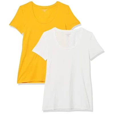 Bild av Amazon Essentials dam klassisk passform kortärmad rund hals t shirt (finns i plusstorlek), paket med 2, vit/guldgul, liten