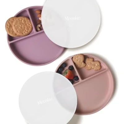 Bild av Moonkie Babytallrikar med Sug 2 Pack Silikon BPA fri Barnservis Set Avvänjningsplattor för Baby, Småbarn, Barn Självmatning Diskmaskin, Mikrovågsugn(Ljus Mauve/Blush)