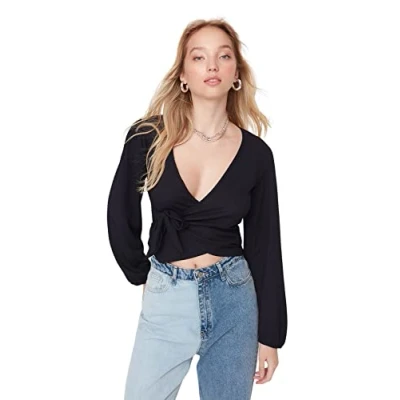 Bild av Trendyol Dam figursydd Wrapover dubbelknäppt stickad blus, marinblå, M