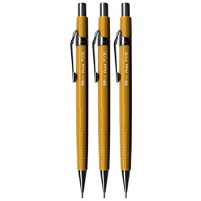 Bild av Pentel 0,9 mm (P209) gul P200 serien automatisk mekanisk utdragningspenna påfyllningsbar bly suddgummi P209 G (förpackning med 3)