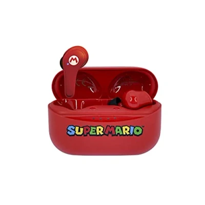 Bild av OTL Technologies Super Mario Bluetooth V5.0 trådlösa hörlurar för barn med rött laddningsfodral.