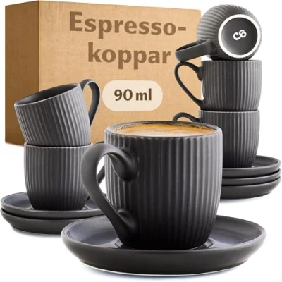 Bild av Cosumy Espressokoppar med handtag Set om 6 st 90ml fat Unikt randigt mönster Matt keramik svart Diskmaskinssäker