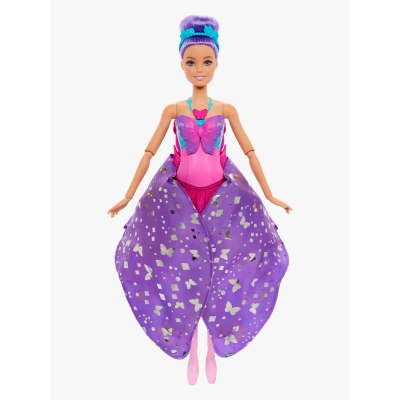 Bild av Barbie Dance and Flutter docka med 2 i 1 förvandling från dansare till fjäril, utfällbara vingar, lila hår, hårprydnad och avtagbar balettkjol, HXJ10