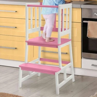 Bild av COSYLAND Lärotorn för barn, FSC® certifierat naturlig bambu, snyggt tippskydd, inlärningstorn, högsta säkerhet, Montessori inlärningstorn från 1 år köksbord badrum (vit och blå)