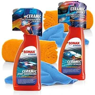 Bild av detailmate SONAX Xtreme keramisk tätning och detaljset: spraytätning 750 ml Ceramic QuickDetailer 2 mikrofiberhanddukar 320GSM 550GSM