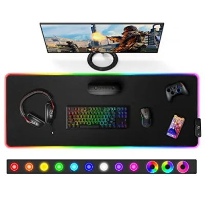 Bild av Gimars Stor RGB Spelmusmatta med 12 LED Belysning Lägen, Mousepad Premium Mikro tygduk Sydda Kanter, 5 mm tjock Tangentbord Och Musmatta för Skrivbord, Spel, Kontor