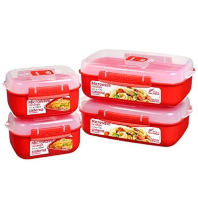 Bild av Sistema Heat and Eat Microwave Set 1,25 L, 525 ml Rektangulära skollunchlådor med ångutlösningsventiler BPA fri 4 Count, Röd