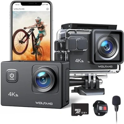 Bild av WOLFANG GA100 Action Cam 4K 20 MP undervattenskamera, WiFi, 40 m, vattentät is, bildstabilisator, hjälmkamera, 170 vidvinkel, videokamera (extern mikrofon, 2 batterier och tillbehörssats)