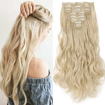 Bild av Clip in Hårförlängninga 8 PC hår Extensions Klämma i Hårförlängd Tressen Vågig Sandy Blonde &amp; Bleach 60 cm/24 tum