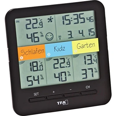 Bild av TFA Dostmann trådlös termo hygrometer KLIMA@HOME, 30.3060.01 med 3 sändare, svart, termohygrometer, termometer, inomhusklimat