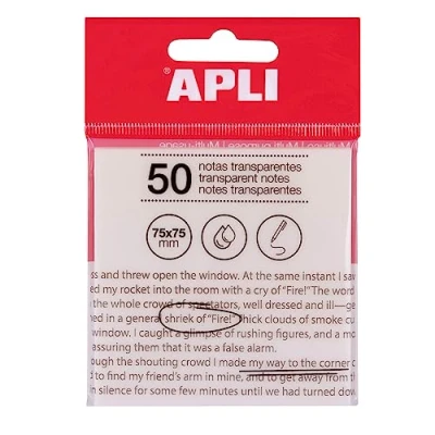 Bild av APLI 19568 genomskinliga självhäftande anteckningar, 75 x mm, färg: vit, 50 vattenbeständiga ark, perfekt för studenter och lärare.