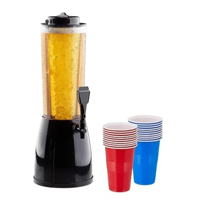 Bild av Relaxdays ölkolonn, 2,5 l, 20 ölkoppar, öltorn med kylning och tappkran, plast, dryckesdispenser öl, färgglad
