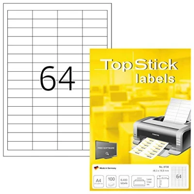 Bild av TopStick 8730 universella etiketter A4 mini (48,3 x 16,9 mm, 100 ark, papper, matt) självhäftande, utskrivbara, permanenta adressetiketter, 6 400 klistermärken, vit
