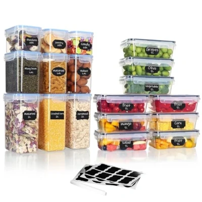 Bild av Hibisaws set med 18 delar: 9 förvaringsburkar för nötter, pasta staplingsbara behållare skåp och tupperburkar, frukt, smörgåsar perfekt kylskåp på språng. 100% lufttät,