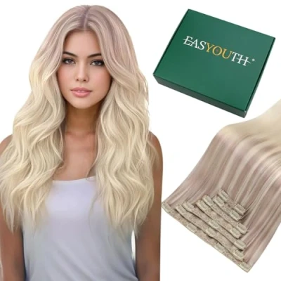 Bild av Easyouth Extension klipp naturligt hår ombre askblond medium med platina blond mänsklig hårförlängningsklipp 16 tum 120 g #18/22/60 7 stycken