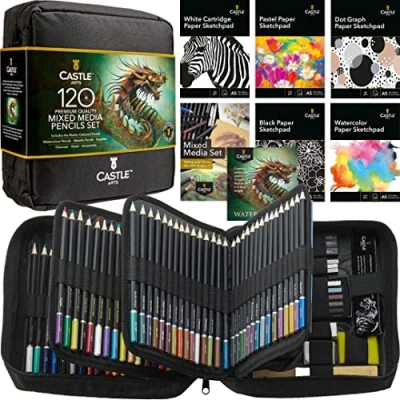 Bild av Castle Art Supplies Mixed Media Set 120+ konstpennkollektion färgad, akvarell, pastell, metall, grafit, kol kreativ frihet för vuxna konstnärer, färgrister i snyggt resefodral