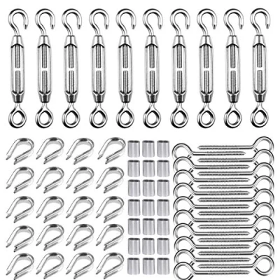 Bild av TooTaci Turnbuckle trådspännarkit, 2 mm trådspännare, trådsil i rostfritt stål, M5 vridspänne krok, vinstockar, M2 krympögla, M3 fingerborg, för trädgårdstråd, kabelräcke, kabelspännare