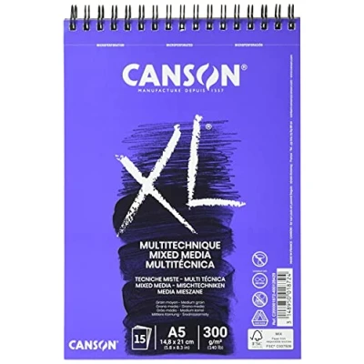 Bild av CANSON XL texturerad blandad media 300 gsm A5 papper, medium korn, spiraldyna kortsida, 15 vita ark, perfekt för professionella konstnärer och illustratörer