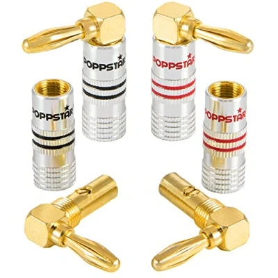 Bild av Poppstar 4 x High End vinklade banankontakter, bananplugg för högtalarkabel (till 6 mm²), högtalare, audio videomottagare, 24k guldpläterade kontakter 2x svart, röd)