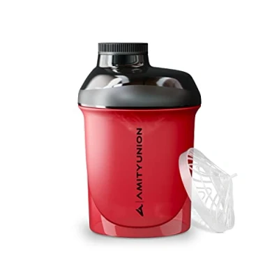 Bild av AMITYUNION Protein Shaker Proteinshake Deluxe 400 ml Nano proteinskakare läckagesäker, BPA fri med sil och skala för krämiga vassleproteinpulvershakes fitnessmugg isolat, koncentrat, röd svart