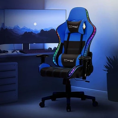 Bild av ML Design Gaming Stol med RGB LED belysning &amp; Bluetooth högtalare; Blå; Konstläder; Ergonomisk kontorsstol; Högt ryggstöd; Nackstöd; Ländkudde;