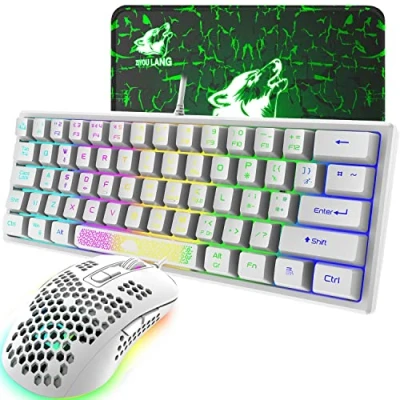 Bild av K61 UK Layout RGB 60% Gaming Tangentbord Mus Set Kabelanslutet 62 nycklar 7 LED Bakgrundsbelyst 19 tangenter Anti ghosting + 6402 DPI Ultralätt spelmus Honeycomb Shell Musmatta Wit