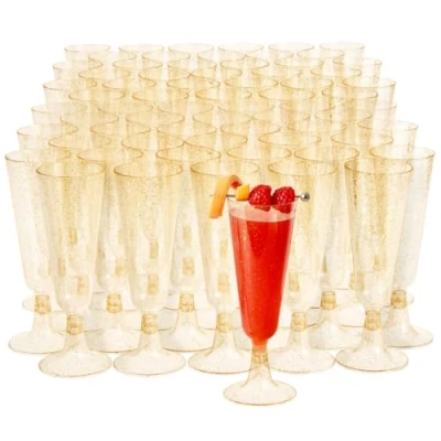 Bild av MATANA 100 Plast Champagneglas med Guldglitter för Bröllop, Födelsedagar, Jul och Fester, 150ml Elegant, Robust Återanvändbar